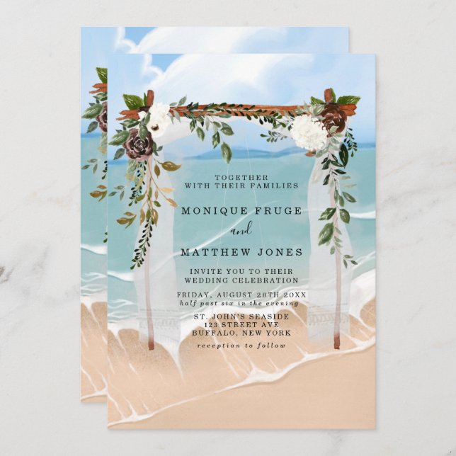 Beach Floral Canopy Tropical Modern Wedding Invitation (Front/Back)
