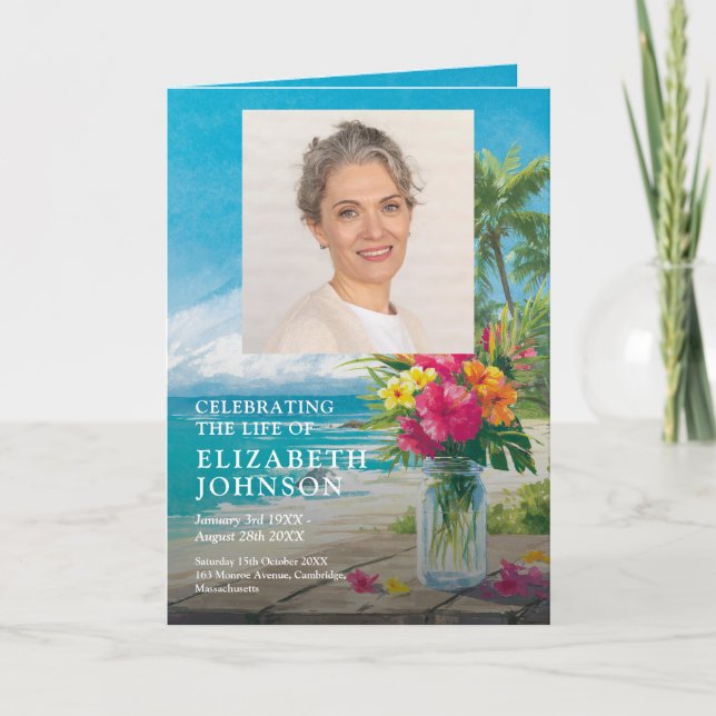 Beach Floral Funeral Memorial Order Of Service  Program (Front)