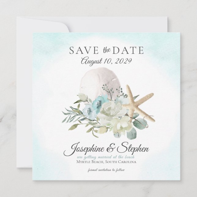 Beach Floral Sand Dollar Starfish Save the Date (Front)