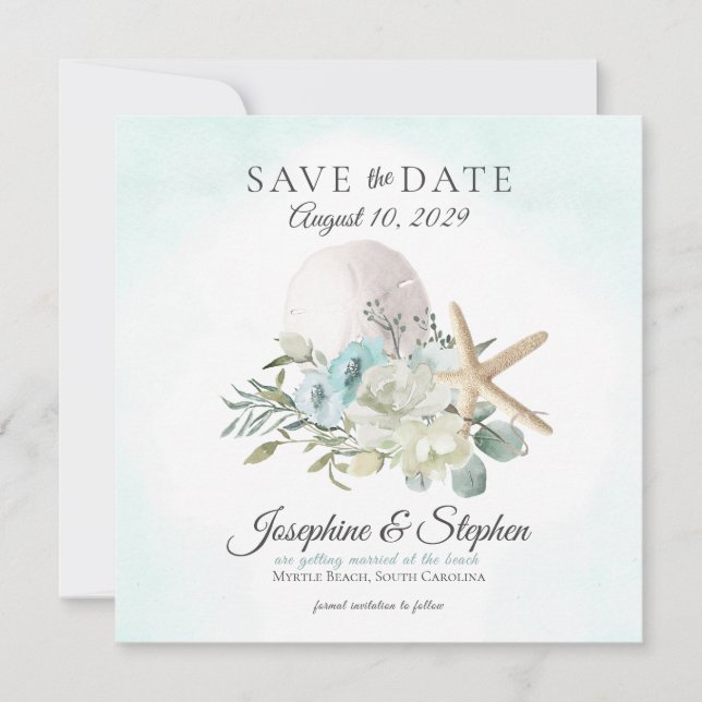 Beach Floral Sand Dollar Starfish Save the Date (Front)