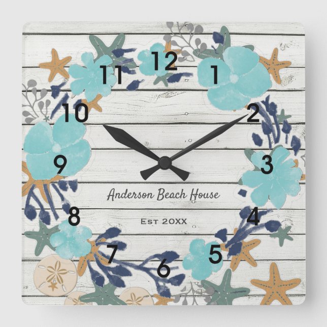 Beach Flowers and Starfish Rustic Square Wall Clock (Front)