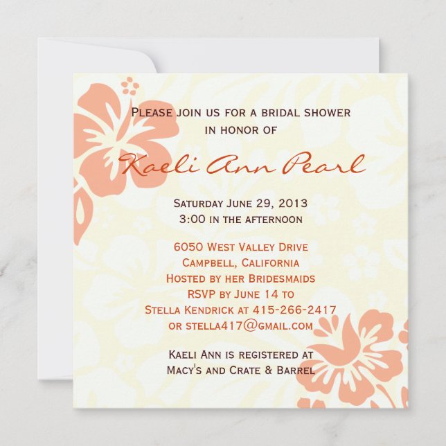 Beach Flowers Bridal Shower - Coral Invitation (Front)