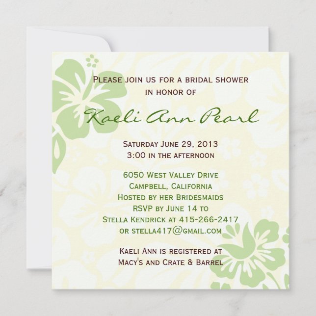 Beach Flowers Bridal Shower - Green Invitation (Front)