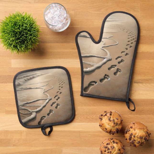 Beach Footprints With Ocean Froth Oven Mitt & Pot Holder Set (Top Down)