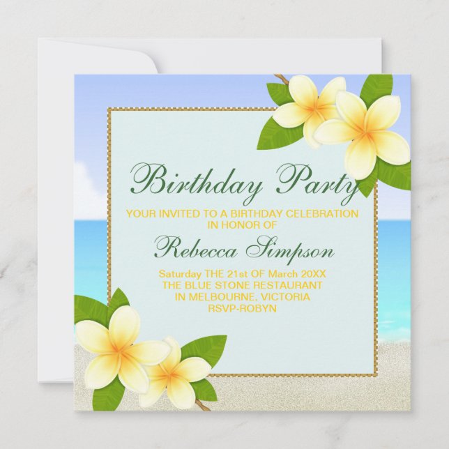 Beach & Frangipani Birthday Invitation (Front)