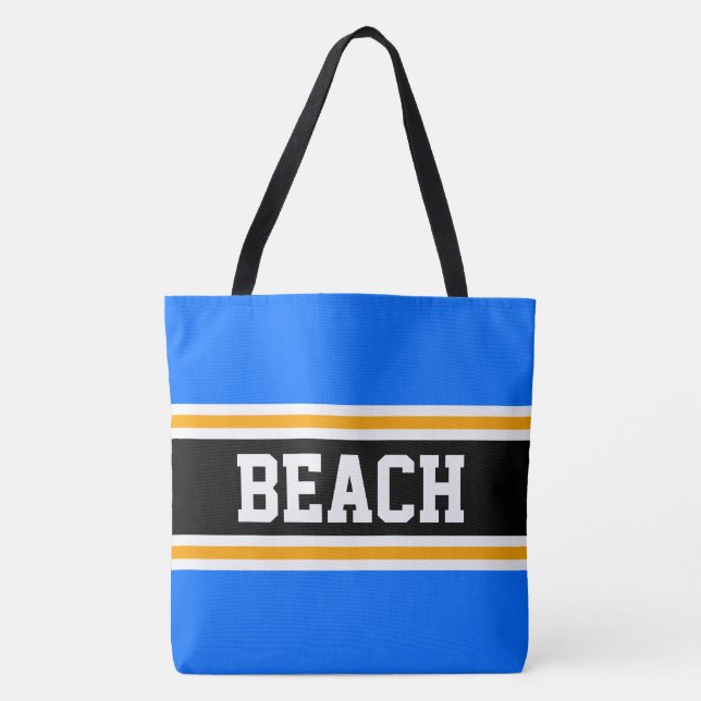 BEACH Fun Bright Blue Orange Black Summer Stripes Tote Bag (Front)