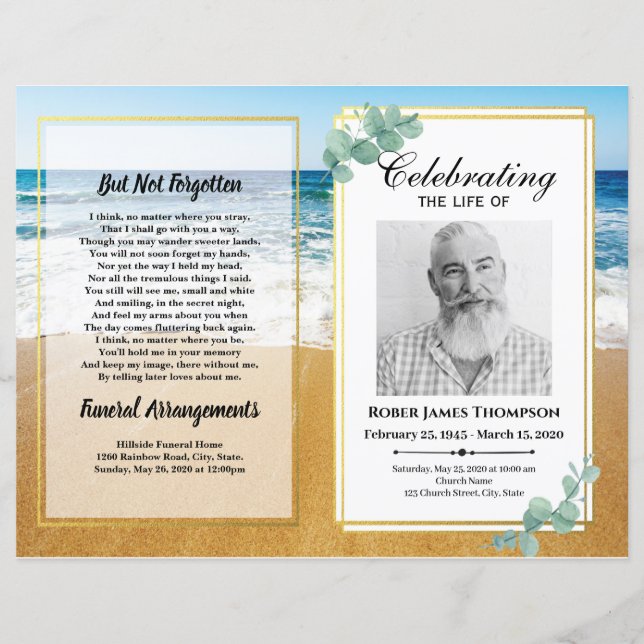 Beach Funeral Memorial Order Of Service Program (Front)