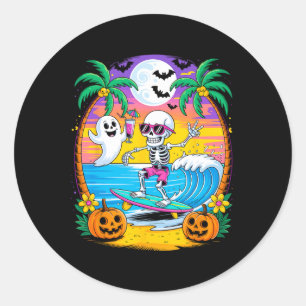 Beach Funny Halloween Vibes Summerween Skeleton Gh Classic Round Sticker