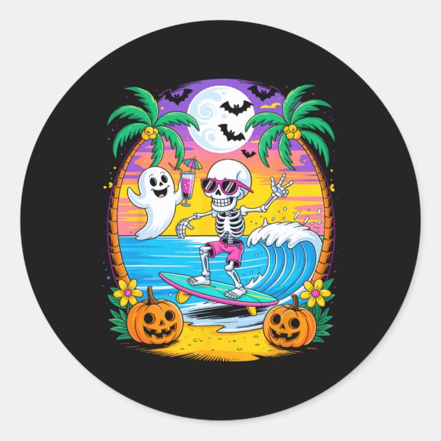 Beach Funny Halloween Vibes Summerween Skeleton Gh Classic Round Sticker (Front)