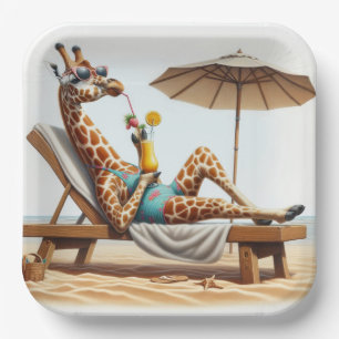 Beach Giraffe Drinking A Cocktail Paper Plate