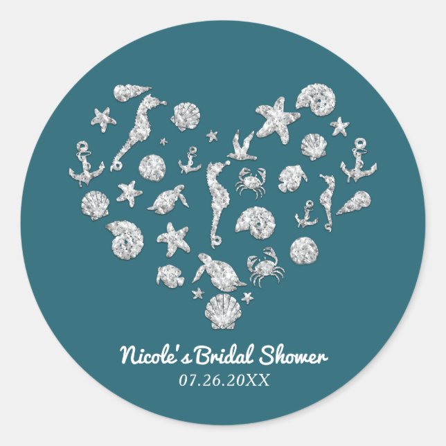 Beach Glam Diamond Heart Bridal Shower Favour Classic Round Sticker (Front)