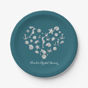 Beach Glam Diamond Heart Bridal Shower Wedding Paper Plate