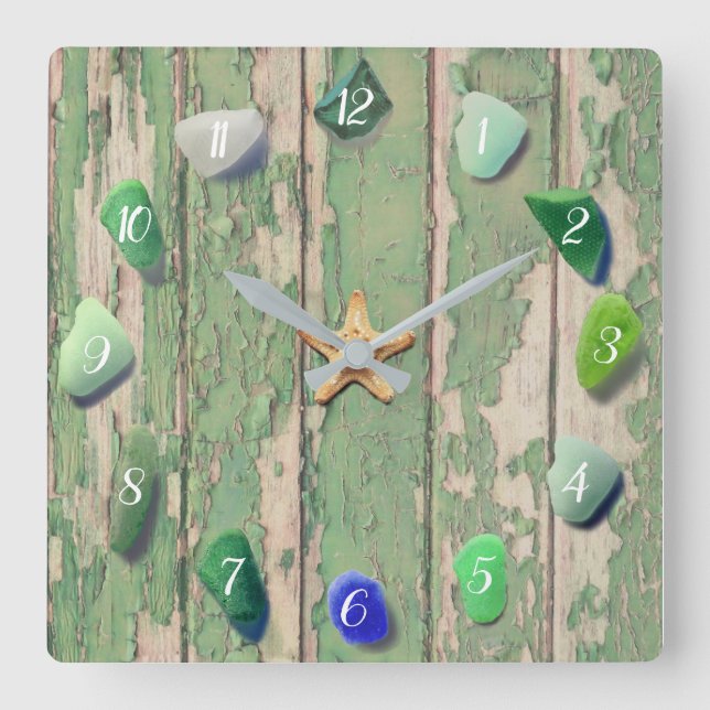 Beach Glass Coastal Decor Driftwood Green Grey Square Wall Clock (Front)