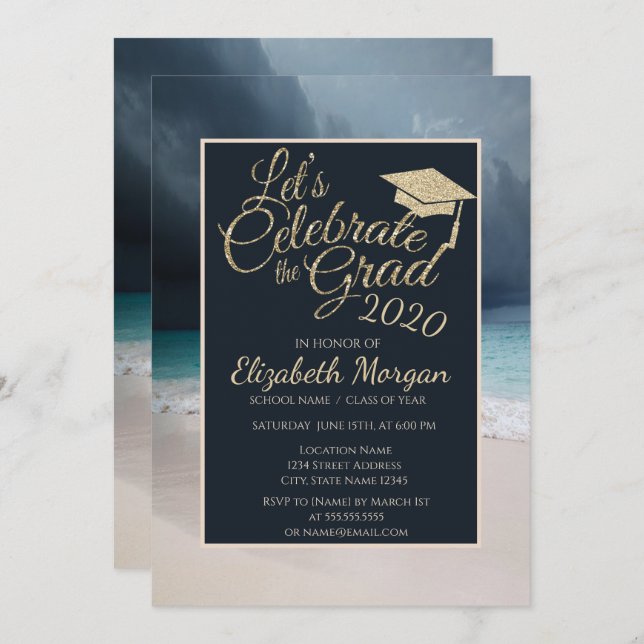 Beach Glitter Graduation Cap Graduation Invitation (Front/Back)
