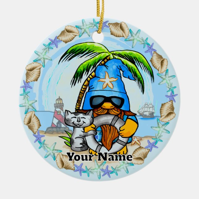 Beach gnome ceramic ornament (Front)