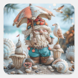 Beach gnome with an umbrella square sticker