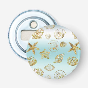 Beach Gold Sea Shells Aqua Blue Ombre Bottle Opener