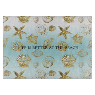 Beach Gold Sea Shells Aqua Blue Ombre    Cutting Board