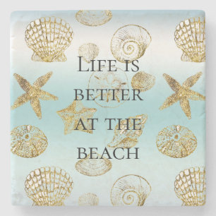 Beach Gold Sea Shells Aqua Blue Ombre    Stone Coaster