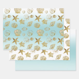 Beach Gold Sea Shells Aqua Blue Ombre    Wrapping Paper Sheet