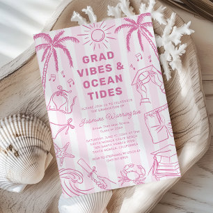 Beach Grad Vibes Doodle Pink Graduation Invitation