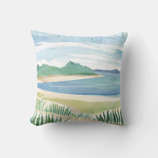 Beach Grass Bay | Watercolor Ocean Coastal Sea Cushion (Front)