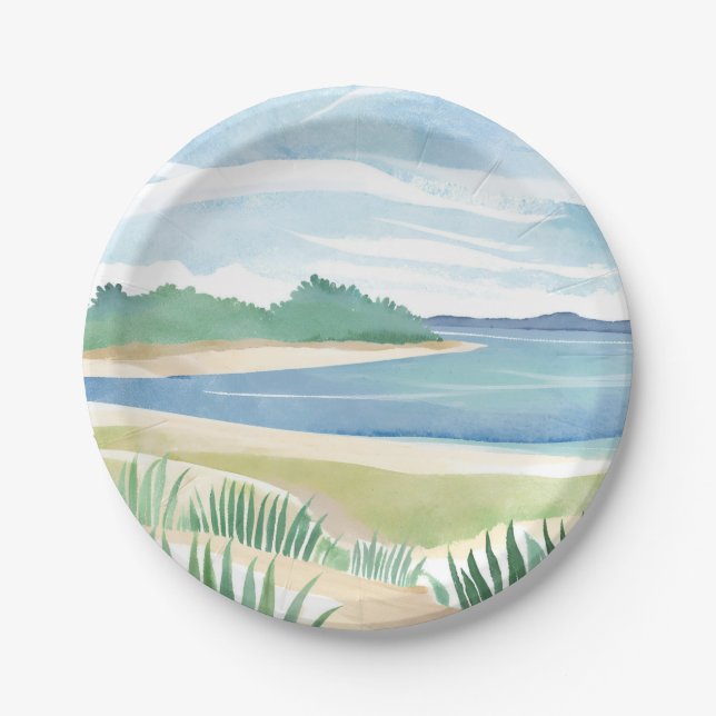 Beach Grass Bay | Watercolor Ocean Coastal Sea Paper Plate (Front)