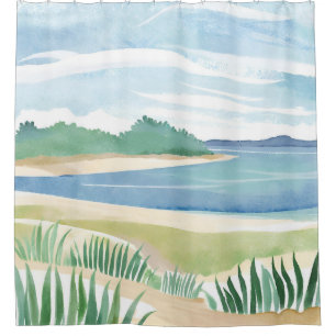 Beach Grass Bay   Watercolor Ocean Coastal Sea Shower Curtain