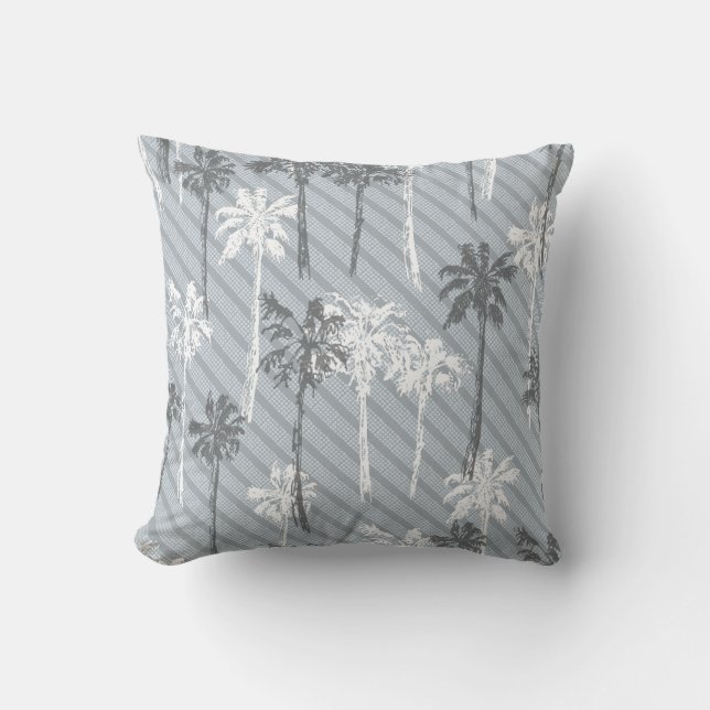 Beach Grey and White Palm Tree Pattern Throw Pill Cushion (Front)