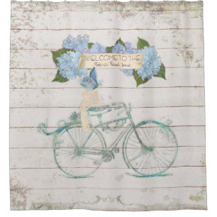 Beach Guest House Shiplap Wood Hydrangea Bicycle Shower Curtain