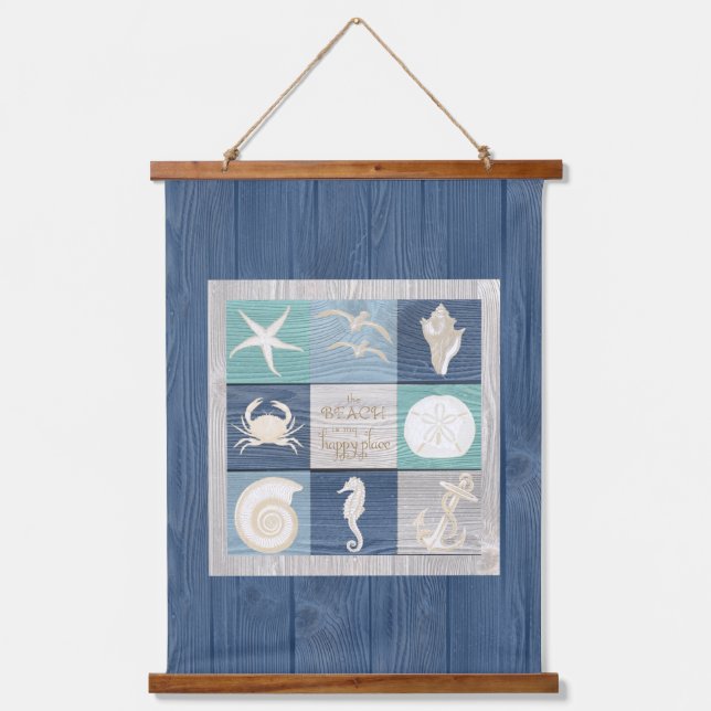 Beach Happy Place Blue Aqua Old Wood Sea Hanging Hanging Tapestry (Front)