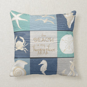 Beach Happy Place Blue Aqua Old Wood Sea Pillow