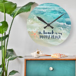 Beach Happy Place Watercolor Ocean Waves Coastal  Round Clock<br><div class="desc">Create a seaside vacation vibe with this cool coastal wall clock featuring watercolor tropical turquoise and seafoam ocean waves,  coral starfish and "the beach is my happy place" caption in a nautical navy blue handwriting font. Art by KL Stock</div>
