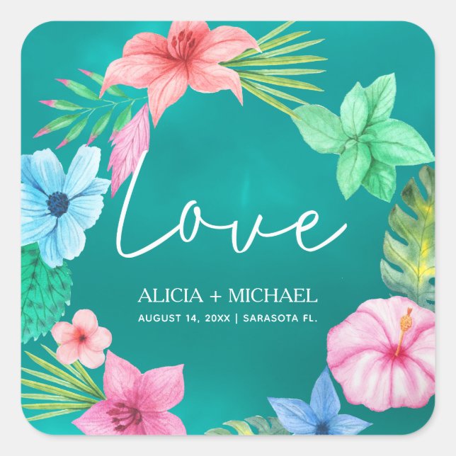 Beach Hawaiian floral tropical love script wedding Square Sticker (Front)