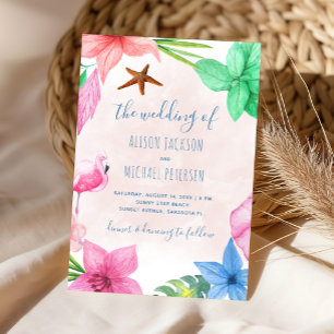 Beach Hawaiian tropical floral wreath wedding Invitation