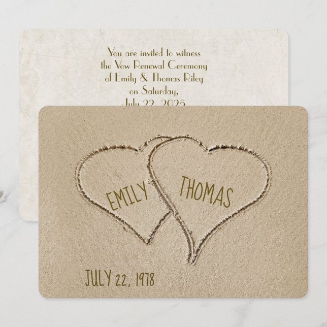 Beach Hearts in sand for Vow Renewal Ceremony Invitation (Front/Back)