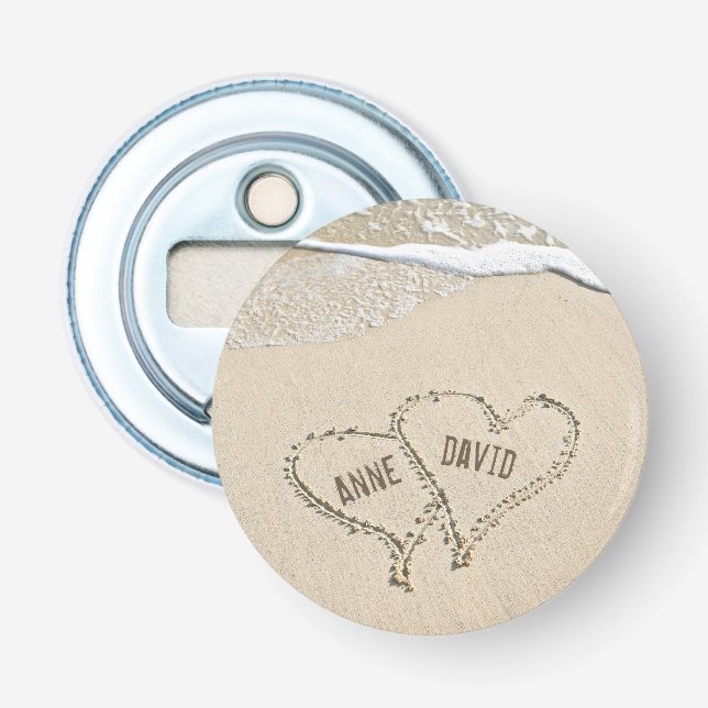 Beach Hearts In Sand with Names Bottle Opener (Front)