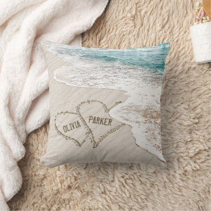 Beach Hearts In Sand With Names Cushion