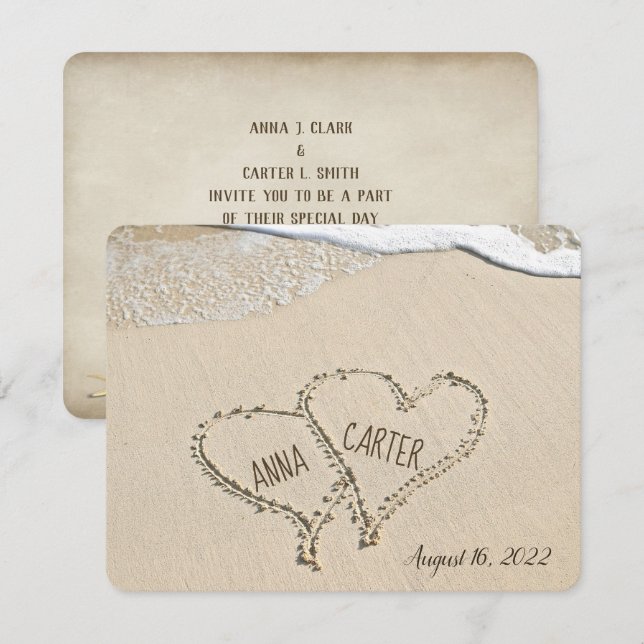 Beach Hearts  in sand with surf Invitation (Front/Back)