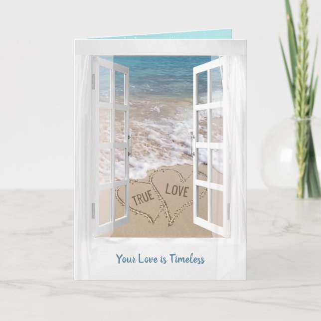 Beach Hearts in Window for Newlyweds Card (Front)