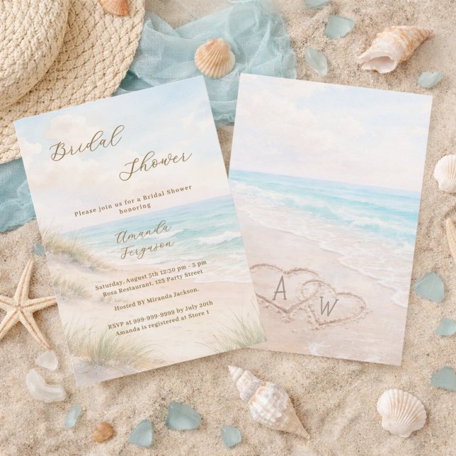 Beach hearts initials sand Bridal Shower Invitation (Creator Uploaded)