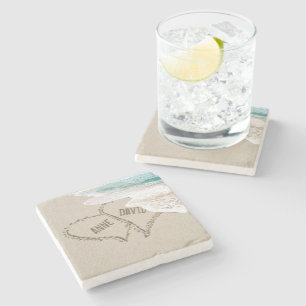 Beach Hearts On Sand with Names Stone Coaster