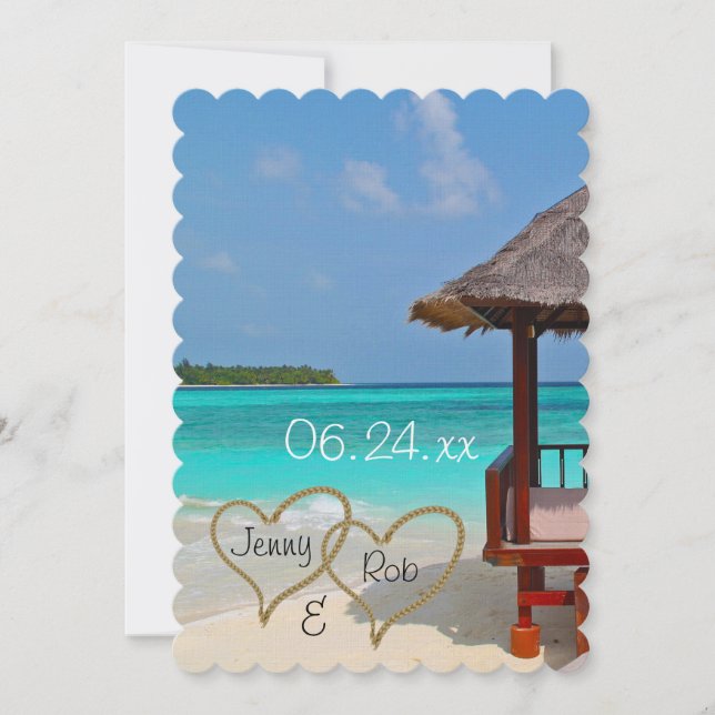 beach hearts wedding bridal bride groom guests invitation (Front)