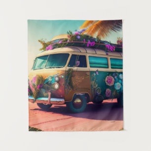 Beach, Hippie Van, Trippy Flowers, Boho, Colourful Tapestry
