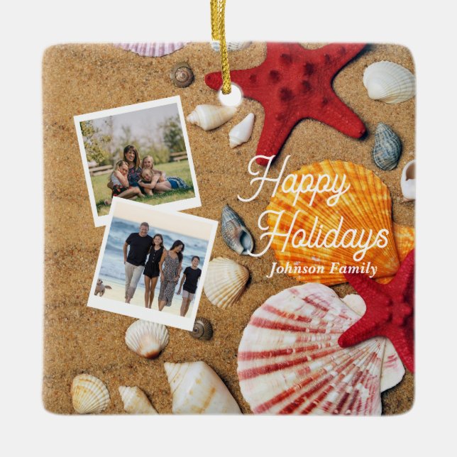 Beach Holiday Coastal Sand Seashells Family Photo Ceramic Ornament (Front)