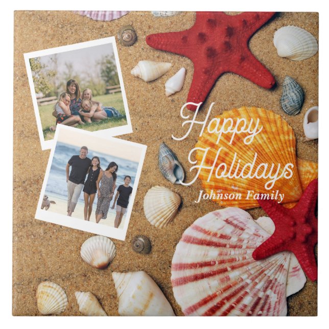 Beach Holiday Coastal Sand Seashells Family Photo Ceramic Tile (Front)