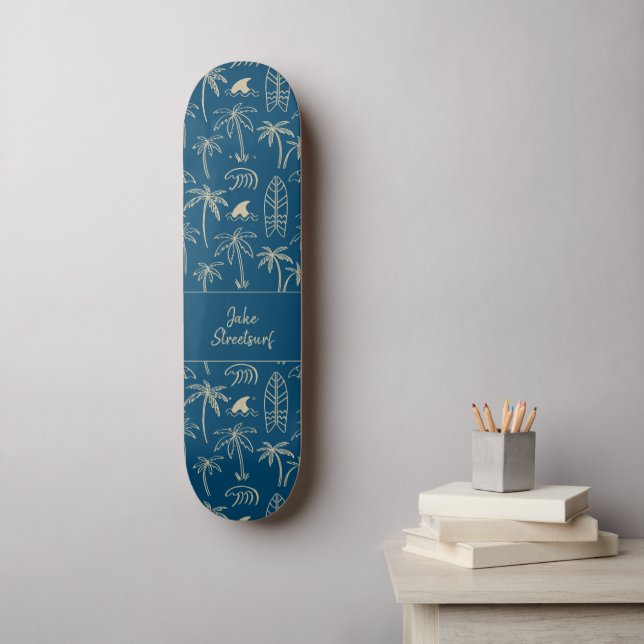 Beach holiday pattern and your name in beige skateboard (Wall Art)