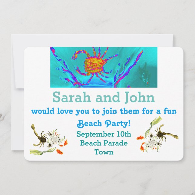 Beach Holidays, Cool Crab Art Seaside Invitation (Front)
