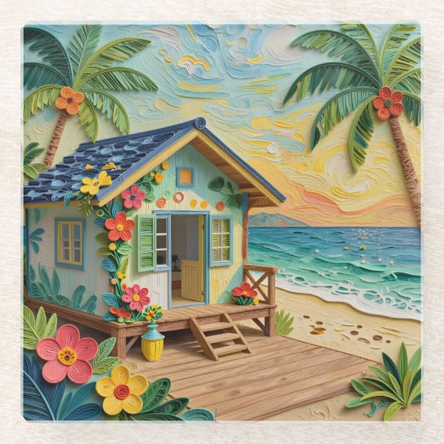 Beach Home Oceanic Coastal Art Glass Coaster (Front)