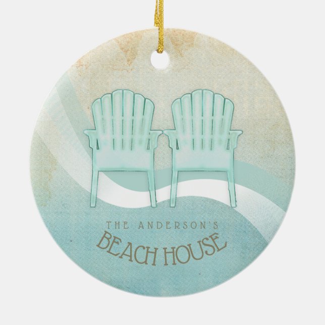 Beach House Adirondack Chairs Aqua Blue ID623 Ceramic Ornament (Back)